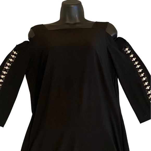 Black cold shoulder Cocktail dress with pearl & rhinestone sleeves S. Levine Med - Picture 3 of 16